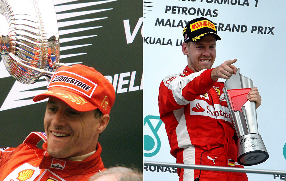 Irvine celebrando una victoria en 1999 y Vettel en Sepang 2015
