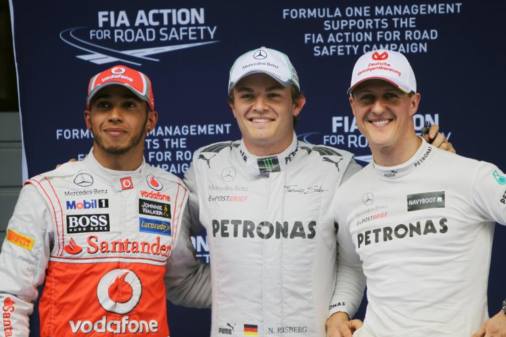 Hamilton, Rosberg y Schumacher, en el GP de China de 2012.
