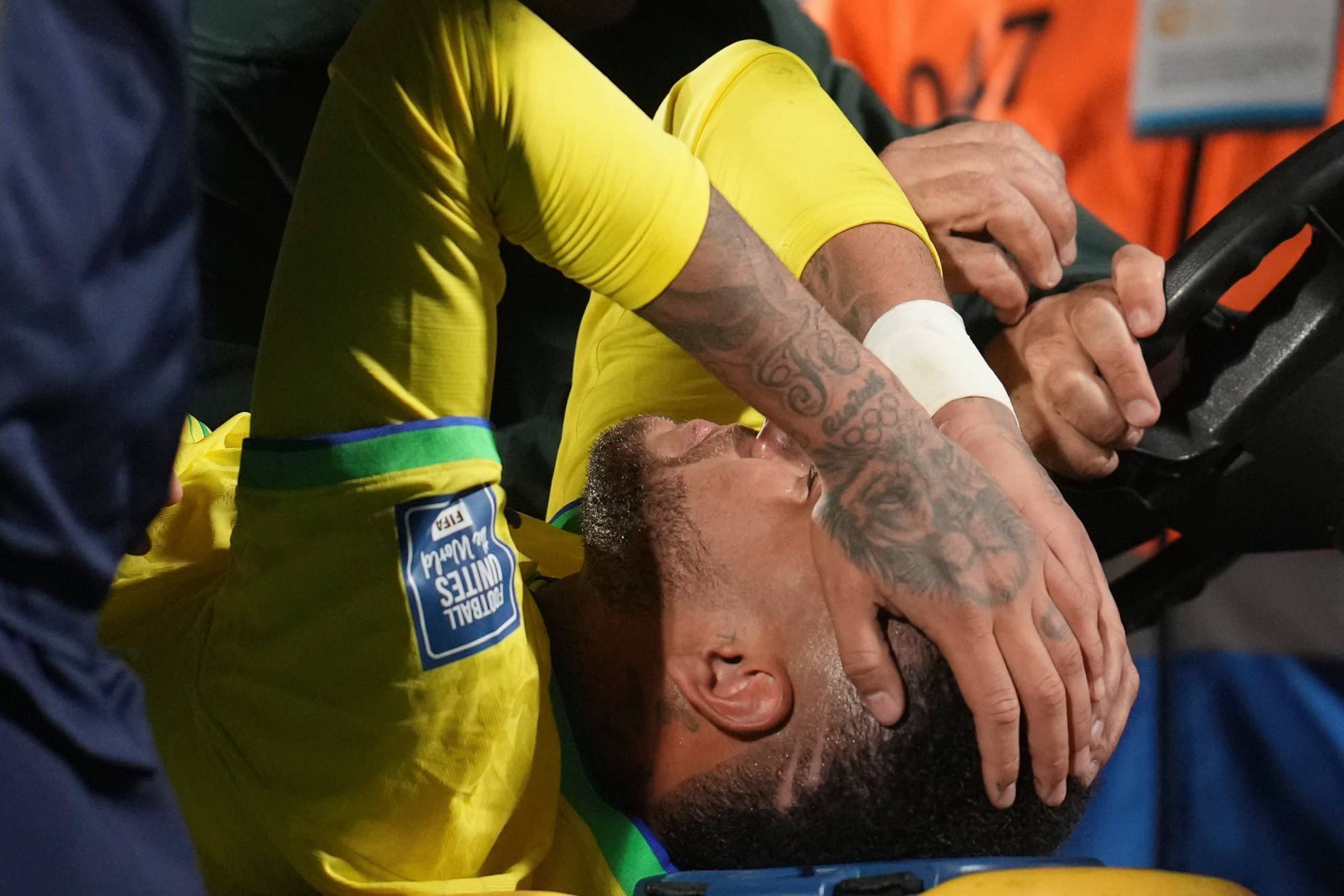 Neymar stretched out of the BRazil vs Uruguay game.