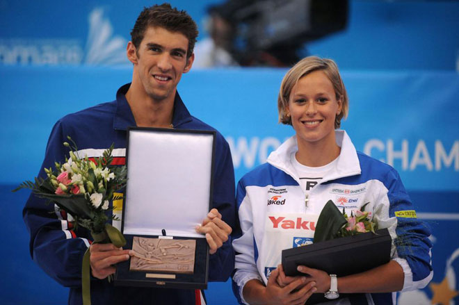 El estadounidense Michael Phelps y la italiana Federica Pellegrini recibieron el premio como Campeones en el Mundial de Natacin