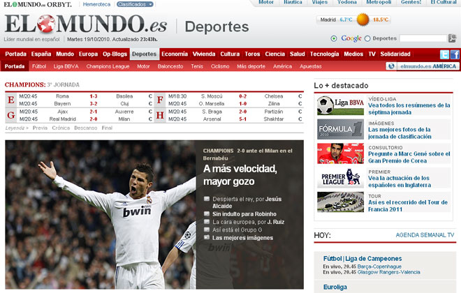 La edicin digital del diario El Mundo no dud en abrir su informacin deportiva con el triunfo del Real Madrid ante el Milan.
