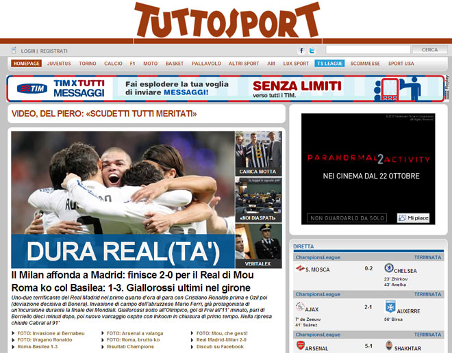 Tuttosport abre a todo trapo con la gran victoria del Real Madrid ante el Milan.