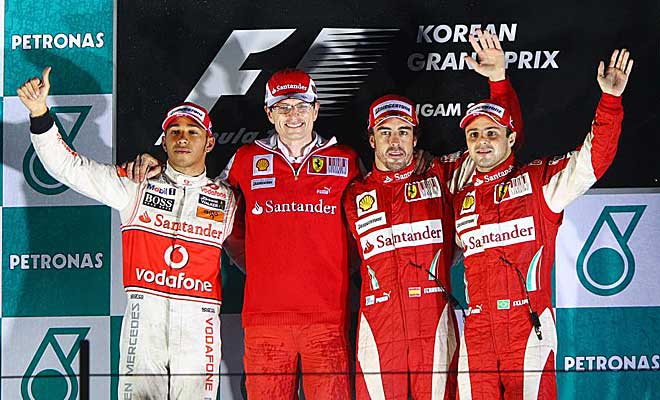 El podio del Gran Premio de Corea, donde Alonso ha vencido y se situa lder del Mundial.