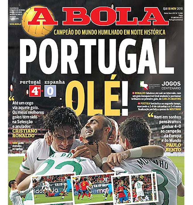 El diario 'A Bola' adopta el 'Olé' español para su selección tras el 4-0.