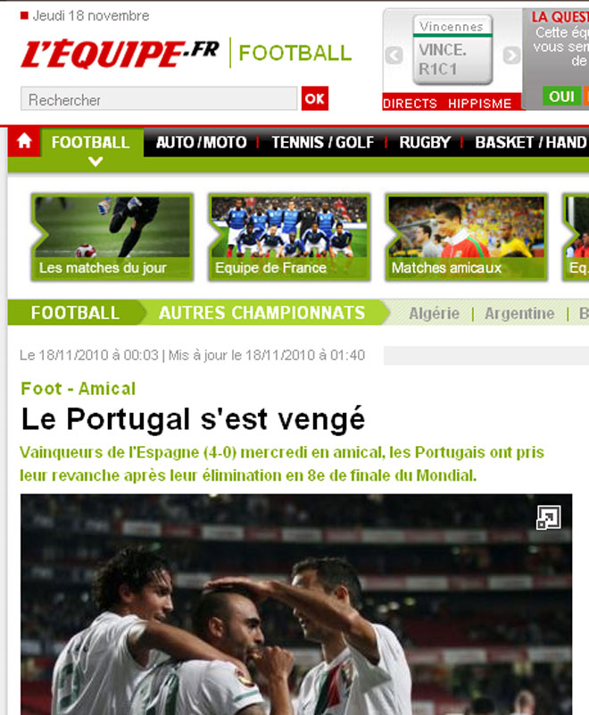 En 'L'Equipe' francés se habla de que Portugal se vengó de la eliminación en octavos del Mundial de Sudáfrica a manos de España.