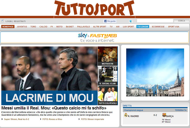 Tuttosport destaca las lgrimas de Mourinho.
