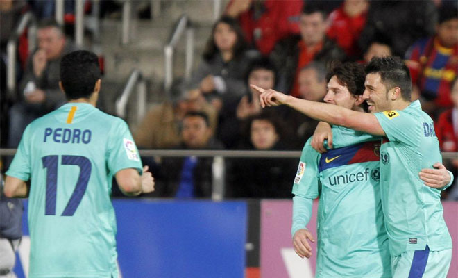 El tridente formado por Messi, Villa y Pedrito demostró su potencial en casa del Mallorca. Los tres mojaron.