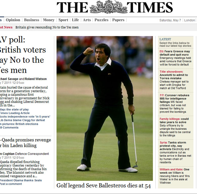 El diario 'The Times' dedicaba la portada de su edición digital a Severiano Ballesteros con una gran imagen.