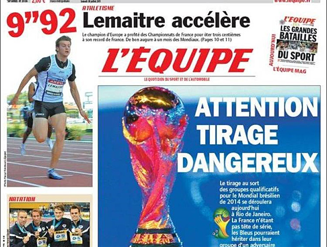 Caramba! As se refiere L'quipe al sorteo de la Fase de Clasificacin para el Mundial 2014 en el que Francia se medir a Espaa. Los franceses estiman que los 'Bleus' "sufrirn" para clasificarse.