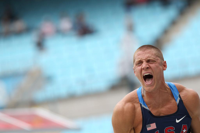 El estadounidense Trey Hardee durante el lanzamiento de peso en los Mundiales de Corea. Ocupa la segunda posicin del ranking mundial.