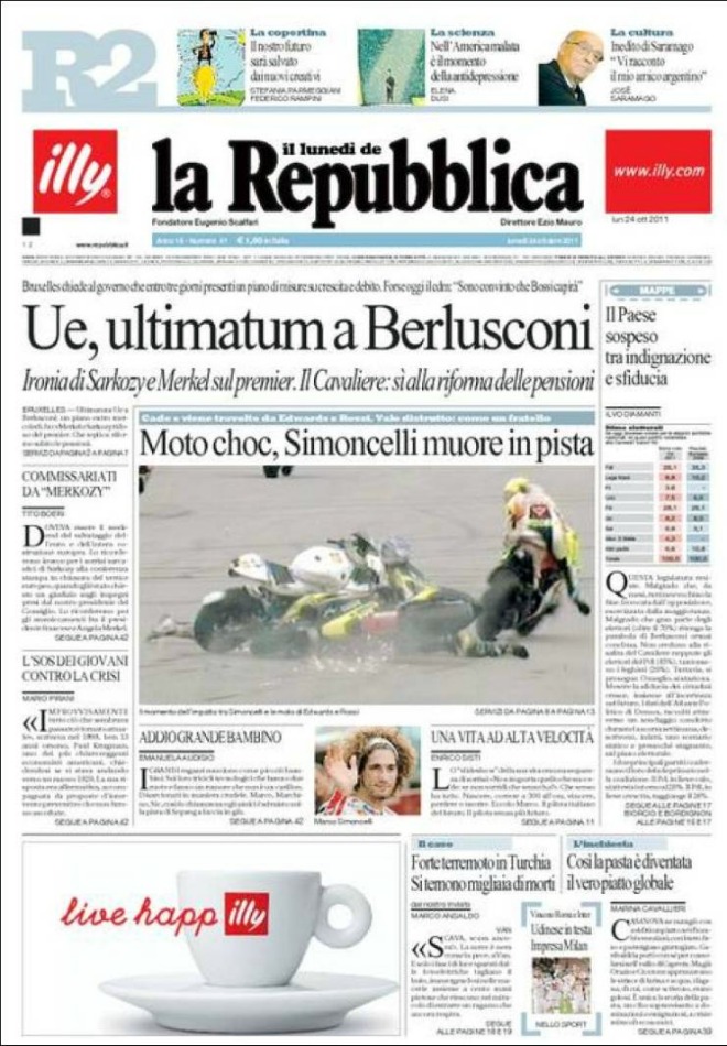 La prensa italiana llora la muerte de Marco Simoncelli en Sepang.