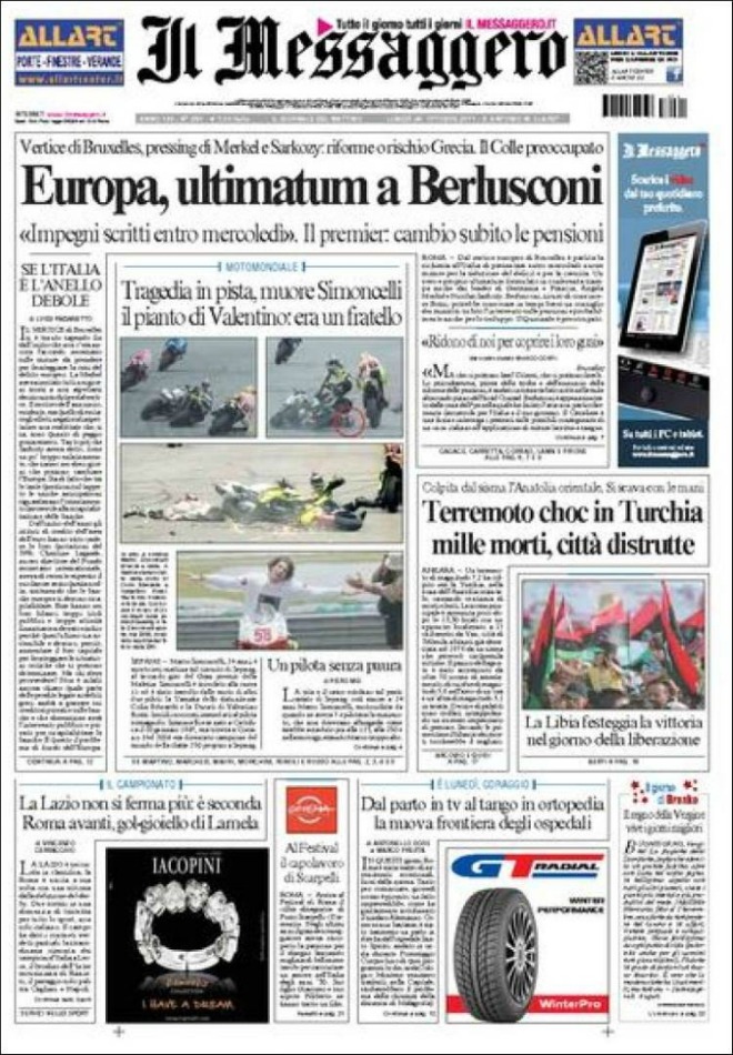 La prensa italiana llora la muerte de Marco Simoncelli en Sepang.