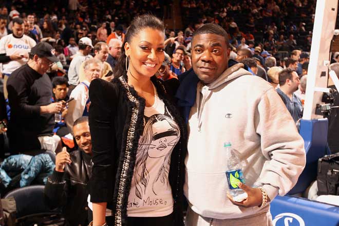 Lala Vzquez, esposa de Carmelo Anthony, junto al actor y cmico Tracy Morgan en el Madison durante el partido que enfrent a Knicks y Celtics.