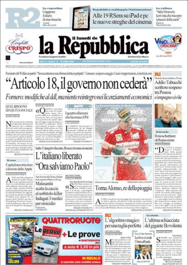 La Repubblica recoge la victoria de Ferrari en Malasia y recuerda su dominio sobre la pista mojada.