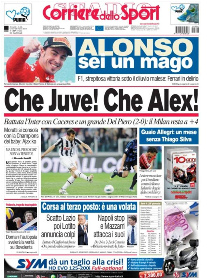 Los medios deportivos italianos se deshacen en elogios hacia el piloto espaol. El Corriere dello Sport habla de una gran victoria "sobre el diluvio malayo" de un Alonso al que considera "un mago".