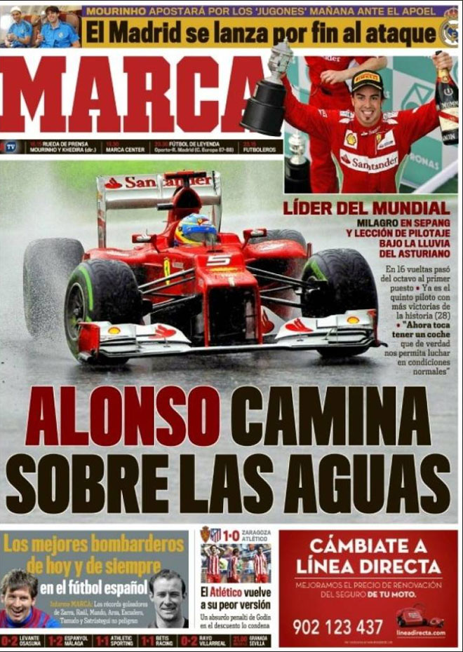 Marca dedica su portada a Alonso, cuya actuacin califica de milagrosa, algo con lo que coinciden gran parte del resto de la prensa.