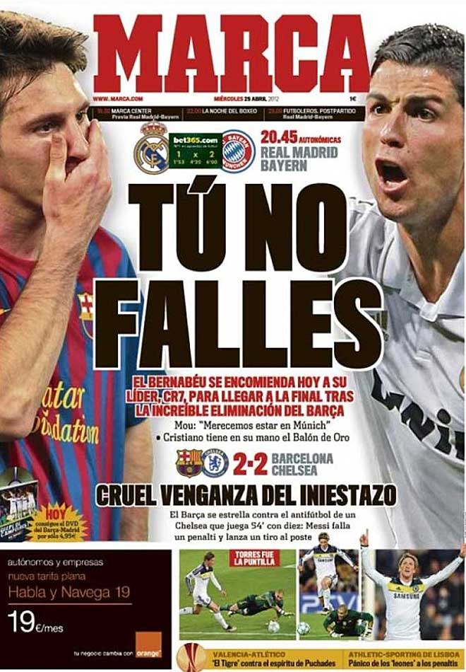 El diario MARCA lamenta la mala suerte del Barcelona y pide a Cristiano Ronaldo que l no falle contra el Bayern.