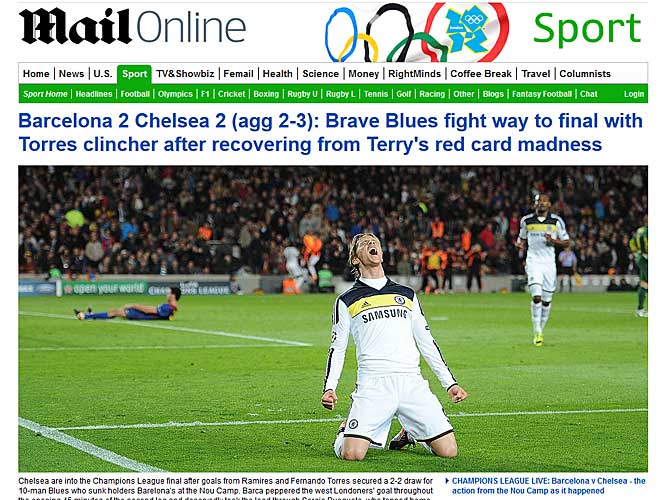 El Daily Mail pone su nfasis en Fernando Torres, pero no olvida la tarjeta roja que vio Terry.