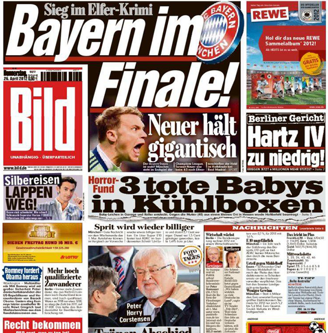 El Bild alemn titula en sus pginas interiores "El sueo del Bayern es realidad" y comenta que la victoria del Bayern "es tambin un triunfo sobre nuestra pesadilla espaola". "El once nacional perdi merecidamente en 2008 la final del europeo y en 2010 la semifinal del mundial contra Espaa", agrega.