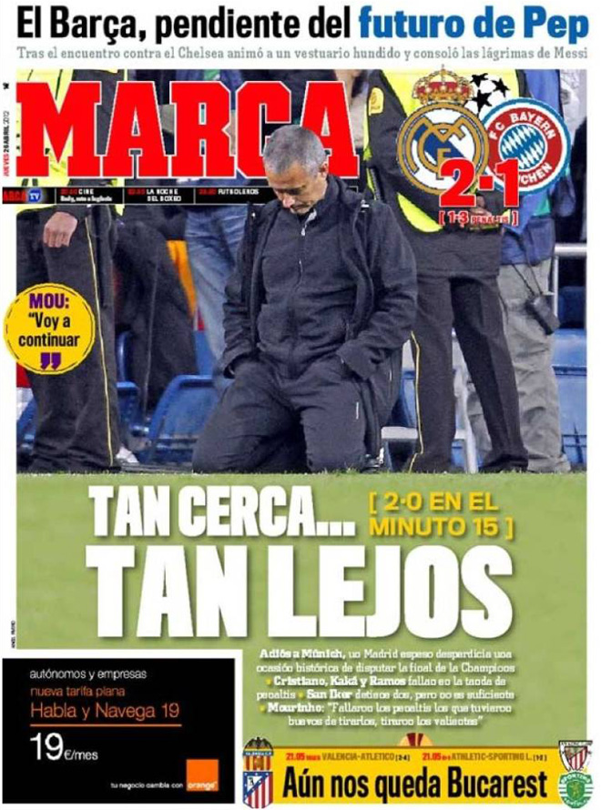 El Diario MARCA destaca en portada lo cerca que tuvo el Madrid el pase a la final, con un 2-0 en el minuto 15, y como la tanda de penaltis alej el sueo de la Dcima.