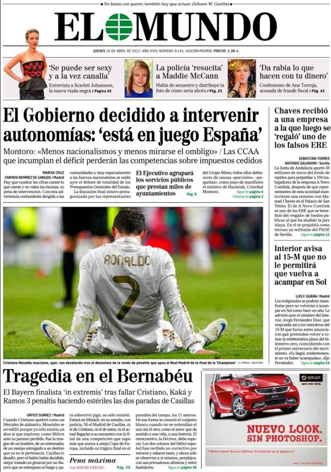 El Mundo destaca la actuacin "estril" de Casillas en la tanda de penaltis, donde los errores de Cristiano, Kak y Ramos dejaron fuera al Madrid.