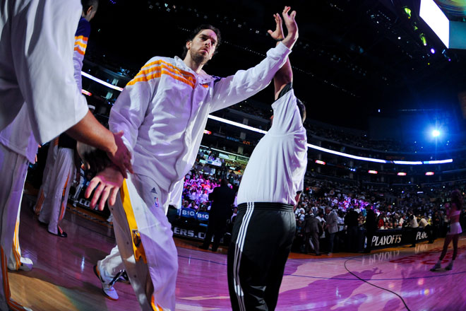 Pau Gasol en la presentacin del partido que los Lakers acabaron ganando a los Nuggets.