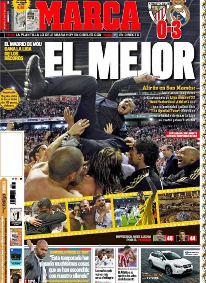 La prensa nacional e internacional recogi de esta forma el ttulo de Liga del Real Madrid conquistado tras vencer al Athletic de Bilbao en San Mams.