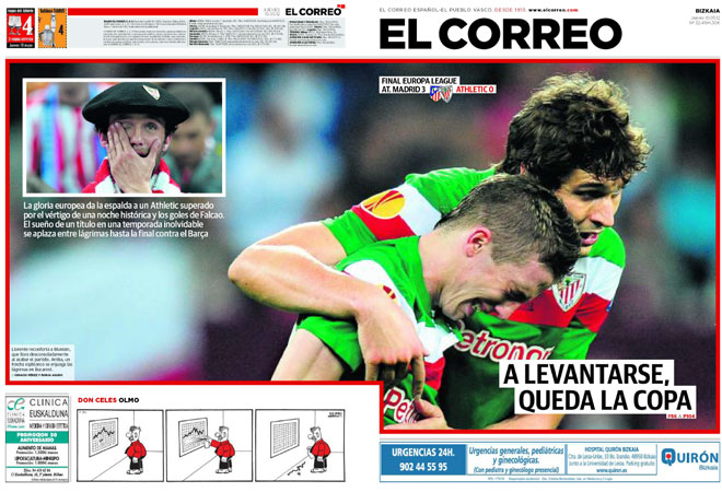 'El Correo' titula en su portada de este jueves: 'A levantarse, queda la Copa'. La imagen es para un Fernando Llorente consolando a Iker Muniain.