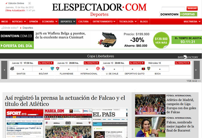 Uno de los diarios colombianos que ms se vuelca con Radamel Falcao fue 'El Espectador'. Este diario destac la figura de su compatriota en la final de la Europa League.