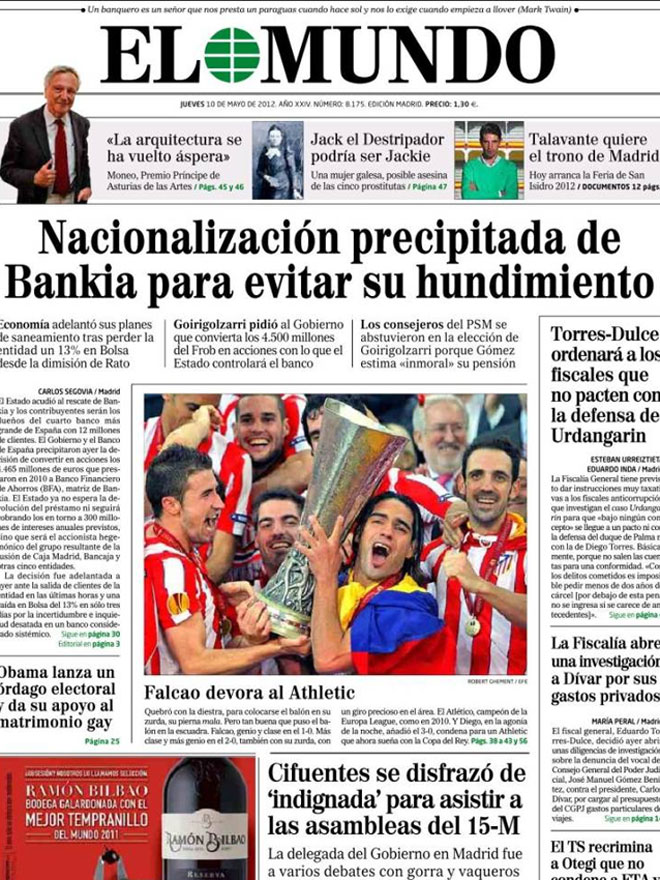 El diario EL MUNDO lleva a su portada la imagen del Atltico de Madrid levantando la copa de la Europa League. Falcao, de nuevo figura principal.