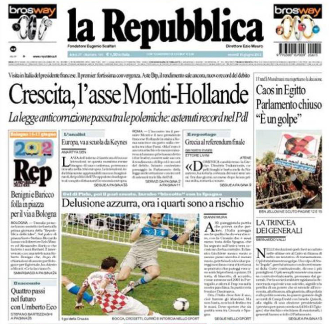 El diario 'La Repubblica' tambin habla de un posible 'biscotto' entre Croacia y Espaa en la ltima jornada. "Desilusin 'azzurra', ahora los cuartos estn en riesgo", titula.