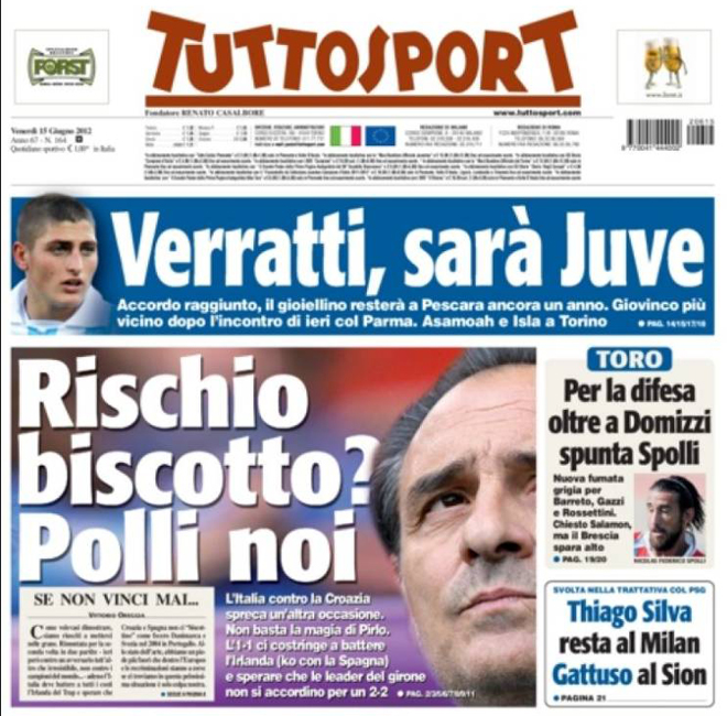 El diario deportivo turins 'Tuttosport' seala a la propia Italia como culpable de esta situacin. "Si no ganamos nunca...", titula en su editorial.