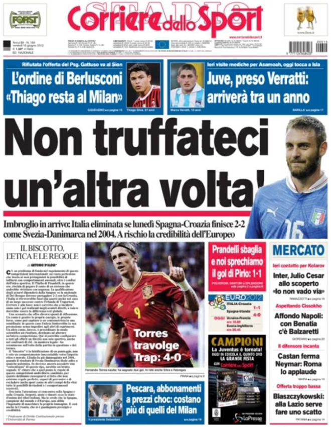 El peridico deportivo 'Corriere dello Sport' recuerda que Suecia y Dinamarca ya empataron "casualmente" a dos en 2004, un resultado que bastaba a las dos selecciones y que dej fuera de la competicin a Italia.