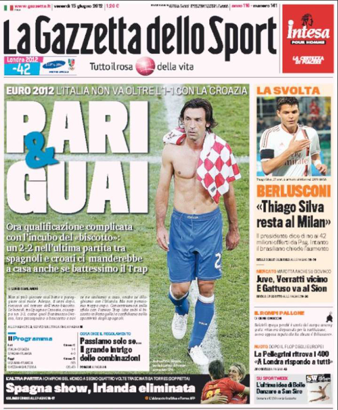 'La Gazzetta dello Sport' lamenta el empate ante Croacia que condena a Italia a no depende de s misma en la ltima jornada. "Un 2-2 entre Espaa y Croacia nos manda a casa aunque ganemos a Irlanda", advierte.