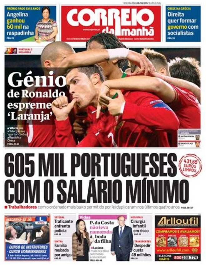 "El genio de Ronaldo exprime la naranja", titula el diario generalista 'Correio da manha'.