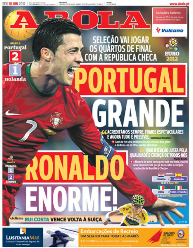 'A Bola' resume el duelo ante Holanda con un contundente "Portugal grande, Ronaldo enorme", ya que el doblete del 7 dio el pase a cuartos al equipo de Paulo Bento.