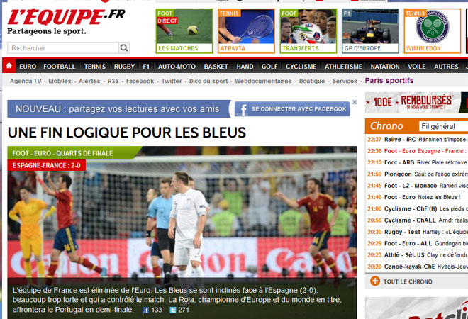El diario L'Equipe resuma la eliminacin de Francia asegurando que fue "un final lgico para 'les bleus'".