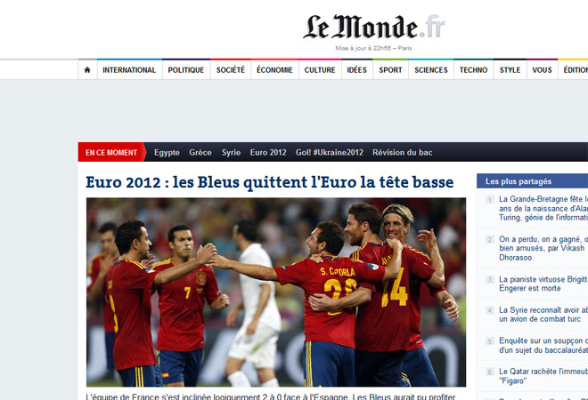 El diario generalista 'Le Monde' publica en su edicin digital que "la seleccin francesa acab cabizbaja en estos cuartos de final de la Eurocopa".