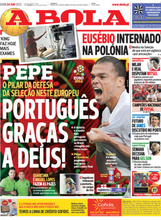 El diario portugus, A Bola, centra su portada en Pepe y dedica un breve espacio a "su prximo adversario".