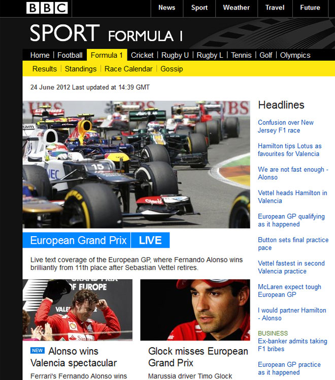 La web de la BBC afirma que el GP de Europa fue espectacular y que Fernando Alonso venci de forma brillante.