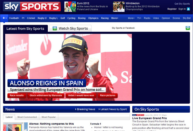 La web de 'Sky Sports' se vuelca con el Gran Premio de Europa. El medio de comunicacin britnico asegura que la estrella de Ferrari consigui una inesperada victoria. Adems, titula con un "Alonso reina en Espaa".