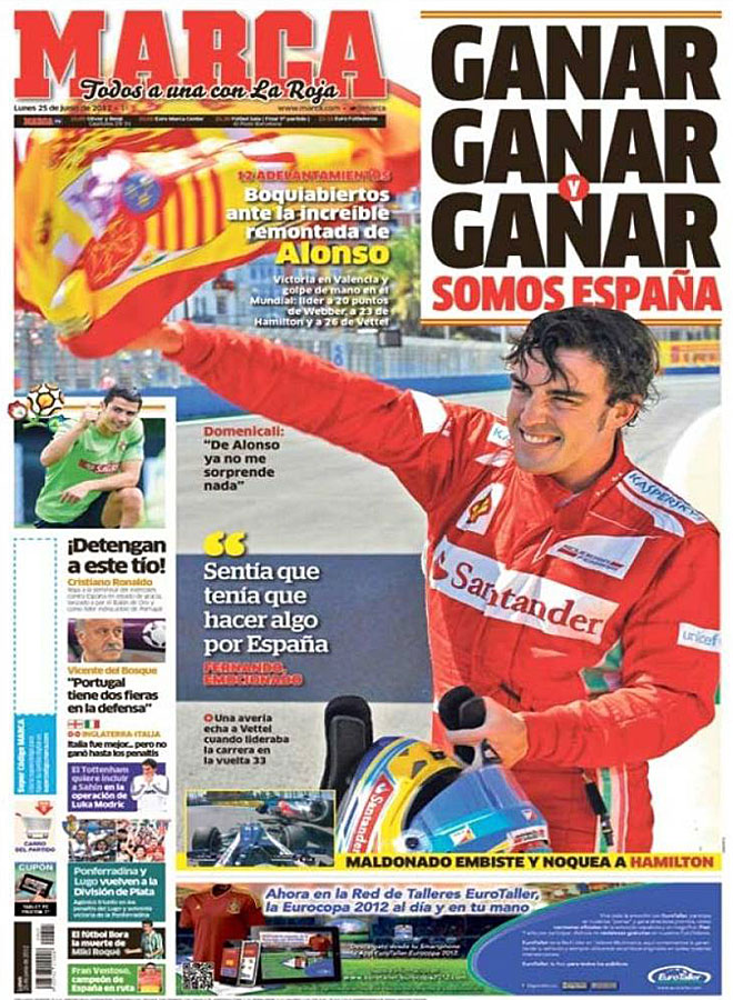 El diario MARCA dedica la mayora de su portada a la espectacular victoria de Alonso en Valencia. "Boquiabiertos ante la increble remontada de Alonso: 12 adelantamientos".