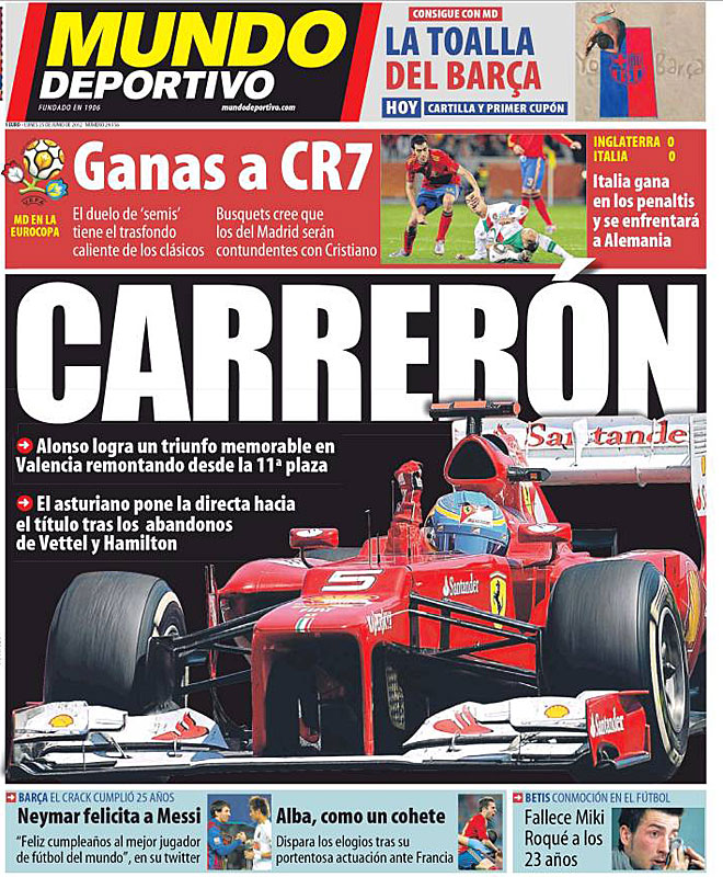 Mundo Deportivo asegura que Fernando Alonso pone la directa hacia el ttulo tras los abandonos de Vettel y Hamilton en Valencia.