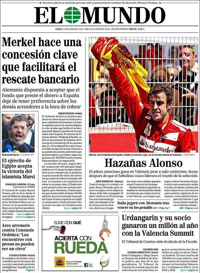 El diario El Mundo hace referencia al triunfo de Fernando Alonso en Valencia, horas despus de que el futbolista vasco liderara el triunfo de la seleccin.