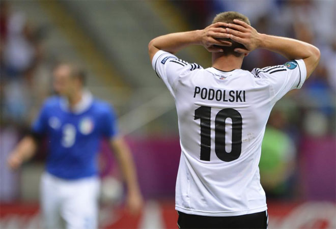 Lukas Podolski reacts during the Euro 2012 football championships semi-final match Germany vs Italy.