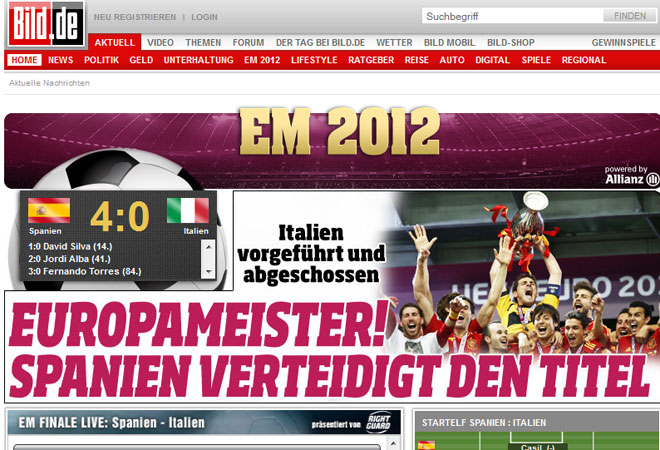 El rotativo alemn 'Bild' informaba tras la final de la Eurocopa 2012 que "Espaa defendi su ttulo de campen de Europa".