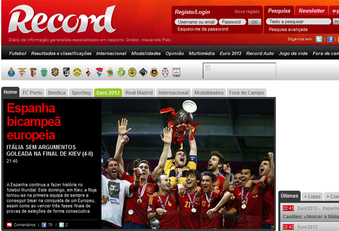 El diario portugus 'Record' tambin llev a su portada la gran victoria de Espaa en la Eurocopa 2012.