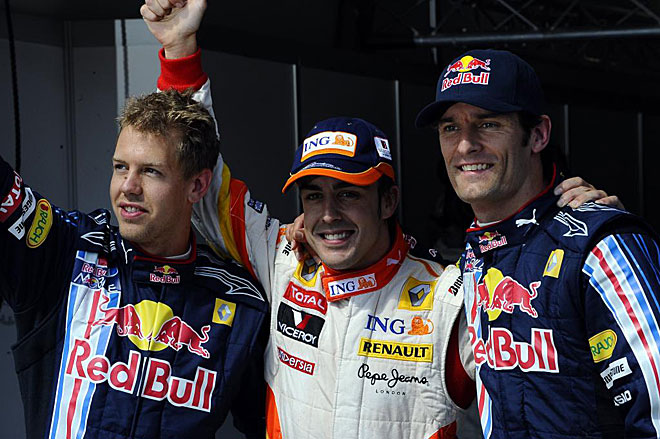 Fernando Alonso consigui la pole en el Gran Premio de Hungra de 2009 por delante de Sebastian Vettel y Mark Webber, que ya venan apuntando maneras.