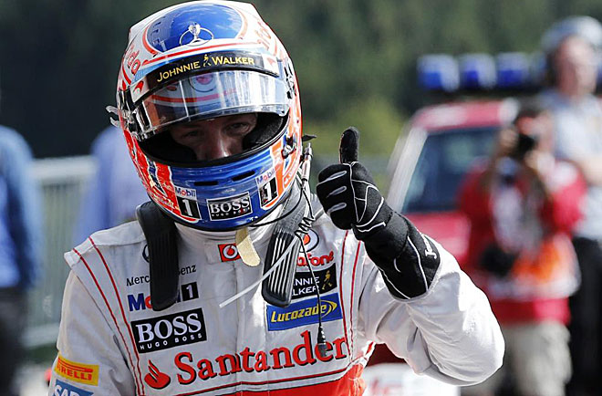 El piloto de McLaren Jenson Button estuvo intratable en toda la sesin de calificacin del Gran Premio de Blgica y se llev la pole en Spa.