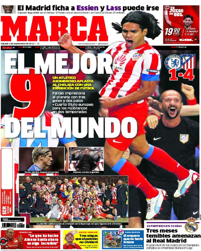 Las portadas de los peridicos de todo el mundo elogian al Atltico de Madrid y destacan el papel del colombiano Radamel Falcao en la final de la Supercopa de Europa.
